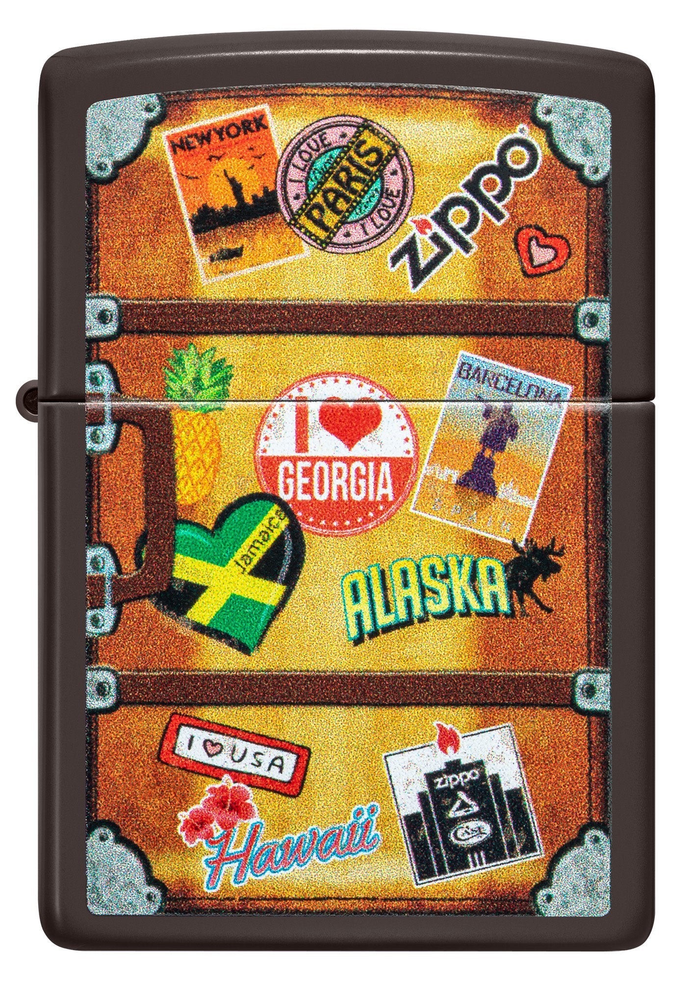 Angled shot of Suitcase Design Brown Windproof Lighter, showing the front and right side of the lighter.
