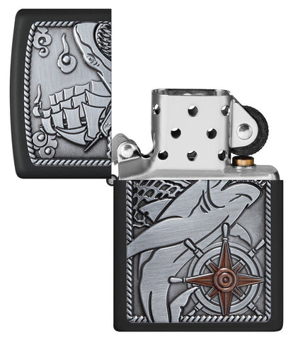 Zippo Ship Shark Emblem Design Black Matte Windproof Lighter with its lid open and unlit.