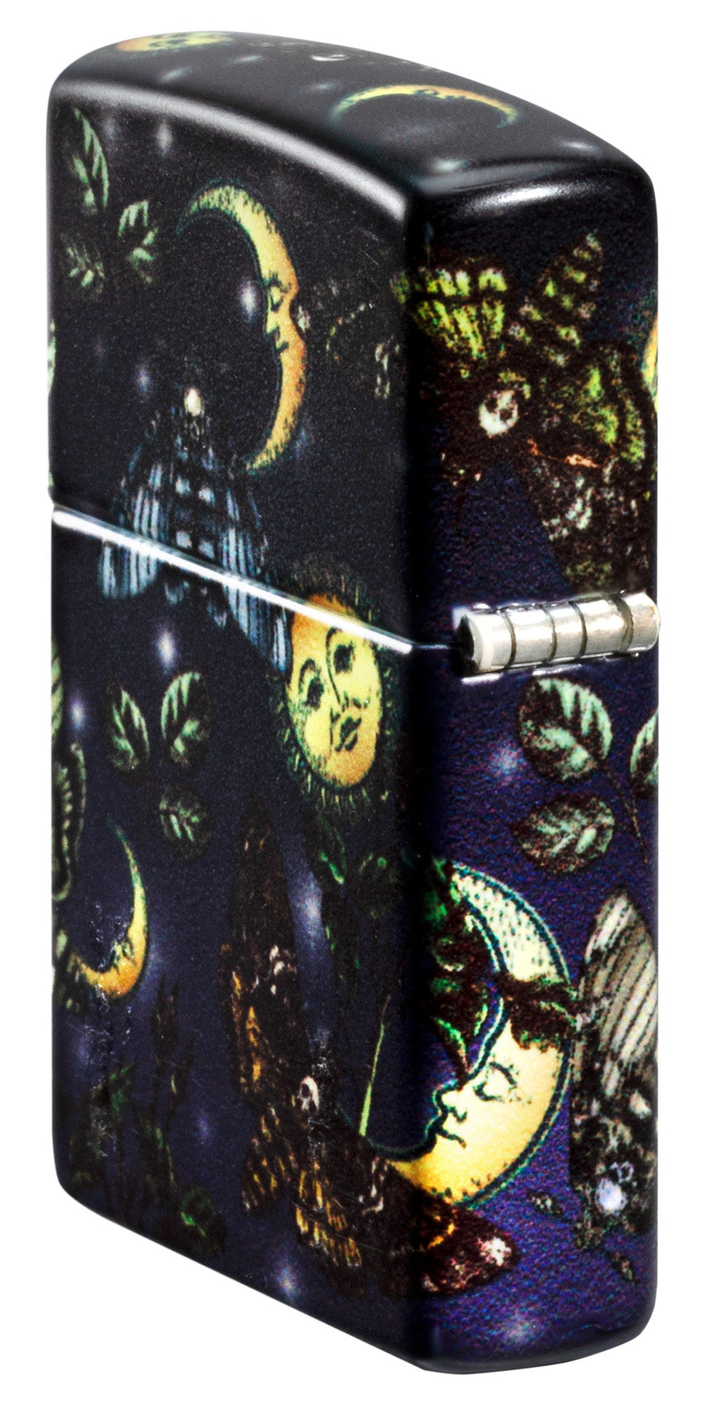 Angled shot of Butterfly Skull Design 540 Color Windproof Lighter, showing the back and hinge side of the lighter.