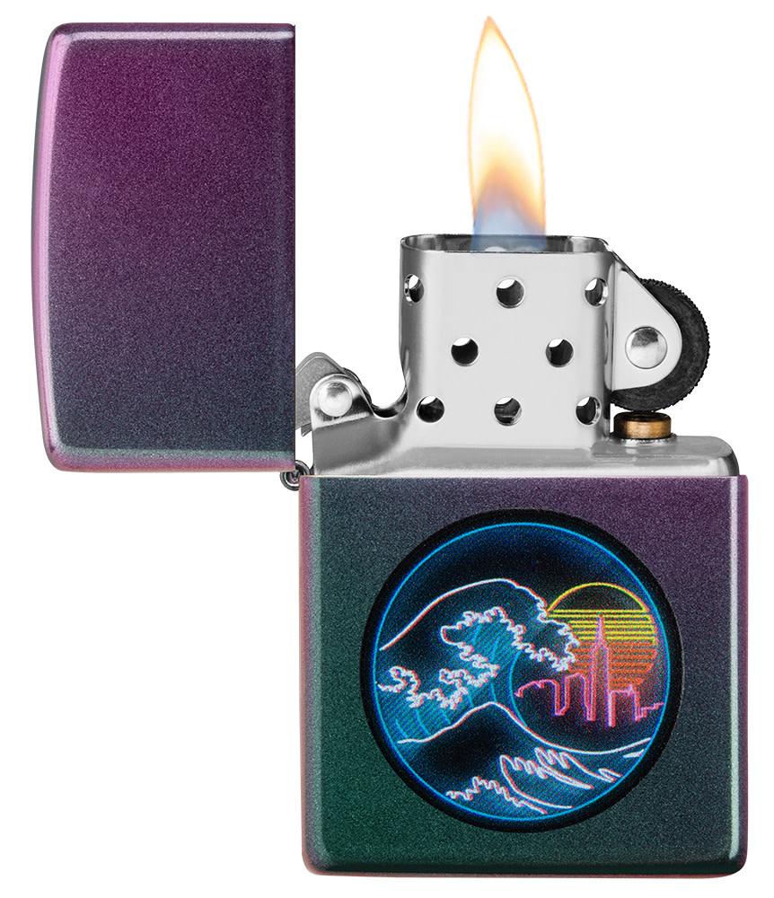 Great Vaporwave Iridescent Windproof Lighter with its lid open and lit