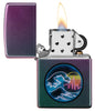 Great Vaporwave Iridescent Windproof Lighter with its lid open and lit