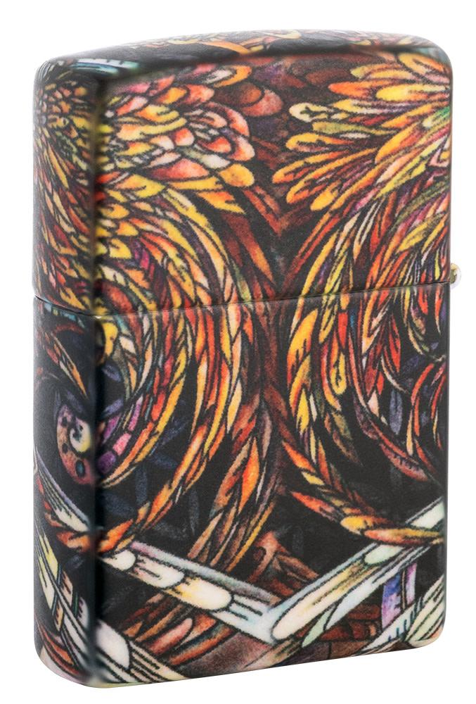 Back shot of Abstract Psychedelia 540 Color Glow-In-The-Dark Windproof Lighter standing at a 3/4 angle