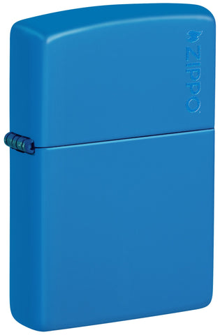 Front shot of Zippo Sky Blue Matte Zippo Logo Classic Windproof Lighter standing at a 3/4 angle.