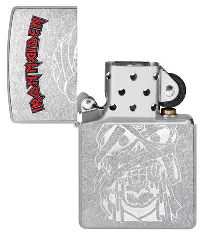 Zippo Iron Maiden Eddie Street Chrome Windproof Lighter with its lid open and unlit.