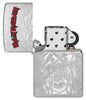 Zippo Iron Maiden Eddie Street Chrome Windproof Lighter with its lid open and unlit.