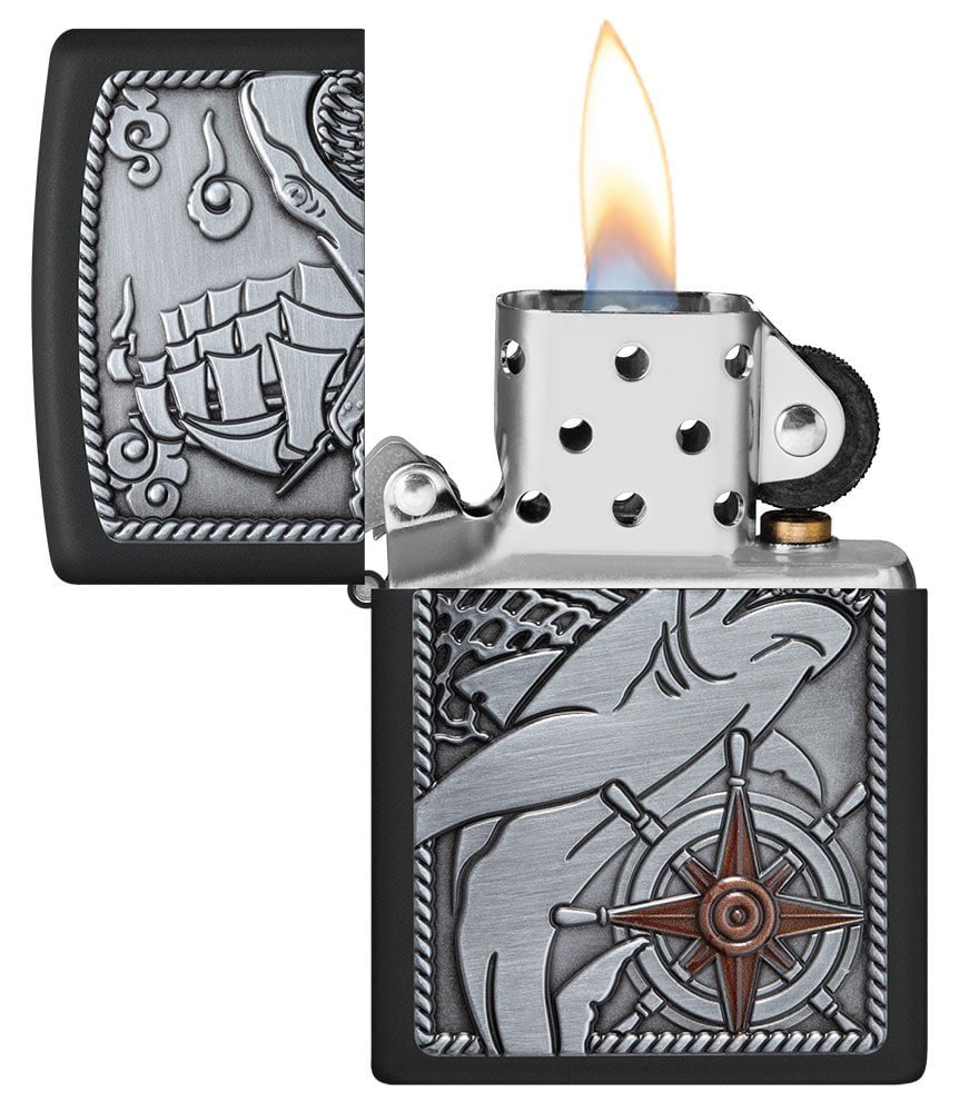 Zippo Ship Shark Emblem Design Black Matte Windproof Lighter with its lid open and lit.