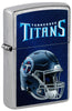 Front shot of NFL Tennessee Titans Helmet Street Chrome Windproof Lighter standing at a 3/4 angle.