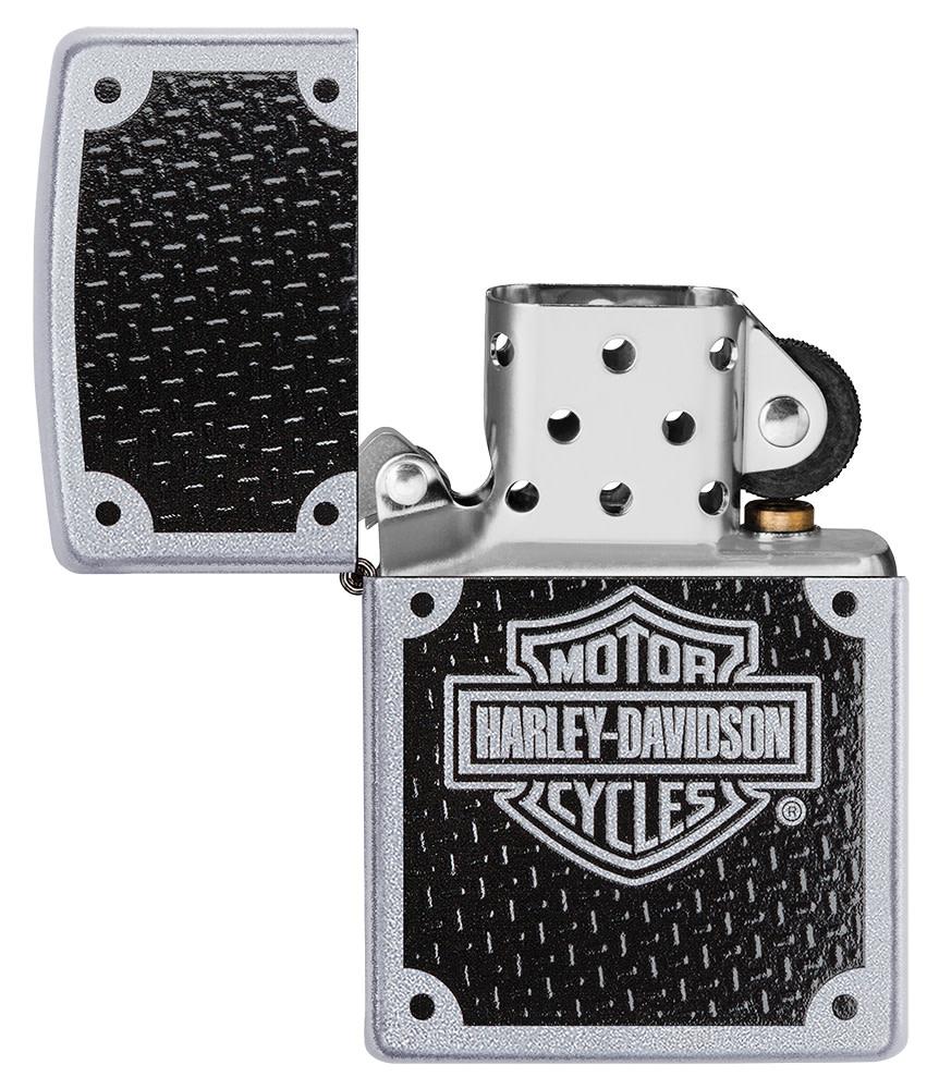 Harley-Davidson® Satin Chrome Windproof Lighter with its lid open and unlit