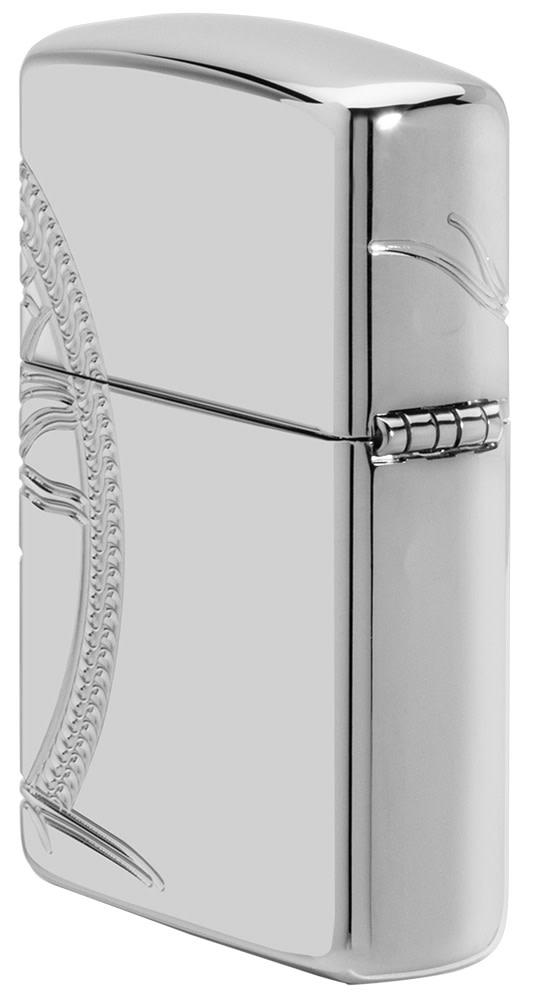 Angle view of ArmorÂ® High Polish Sterling Silver Tree of Life Windproof Lighter, showing the back and hinge side of the lighter.