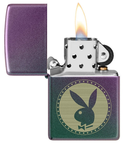 Playboy Engraved Rabbit Head Iridescent Windproof Lighter with its lid open and lit.