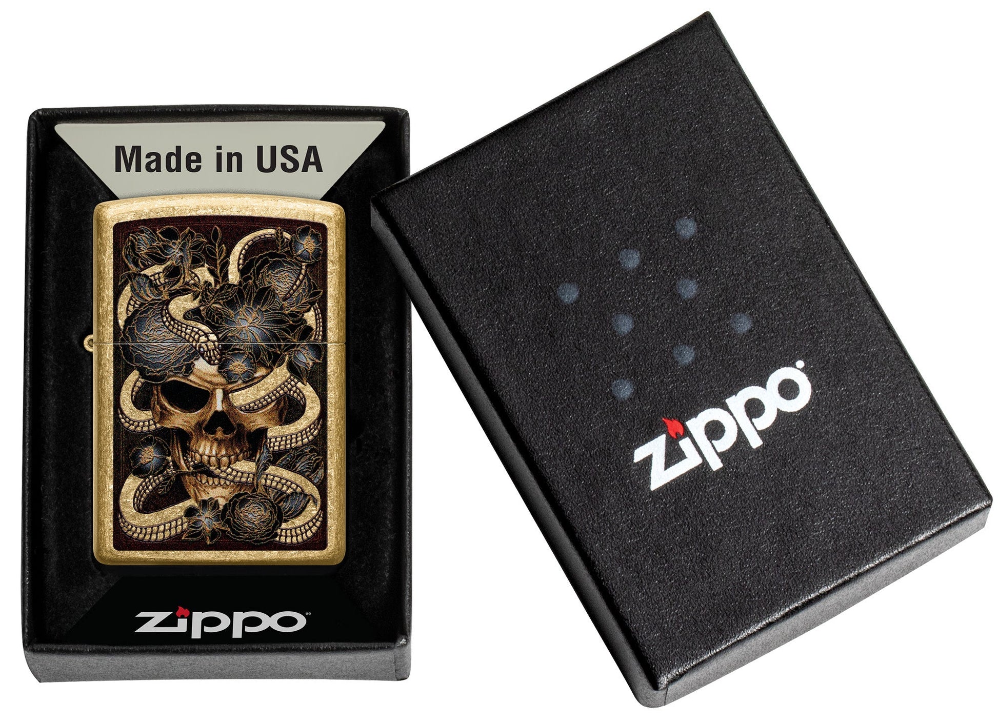 Snake Bouquet Design Tumbled Brass Windproof Lighter in it's packaging.