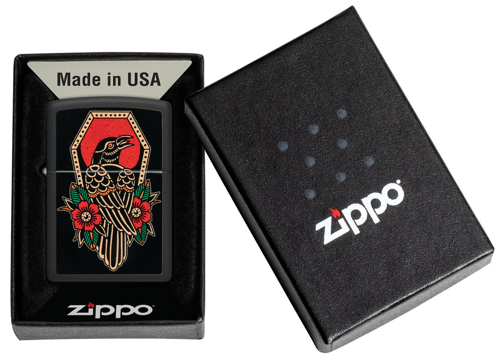 Zippo Crow Tattoo Design Black Matte Windproof Lighter in its packaging.