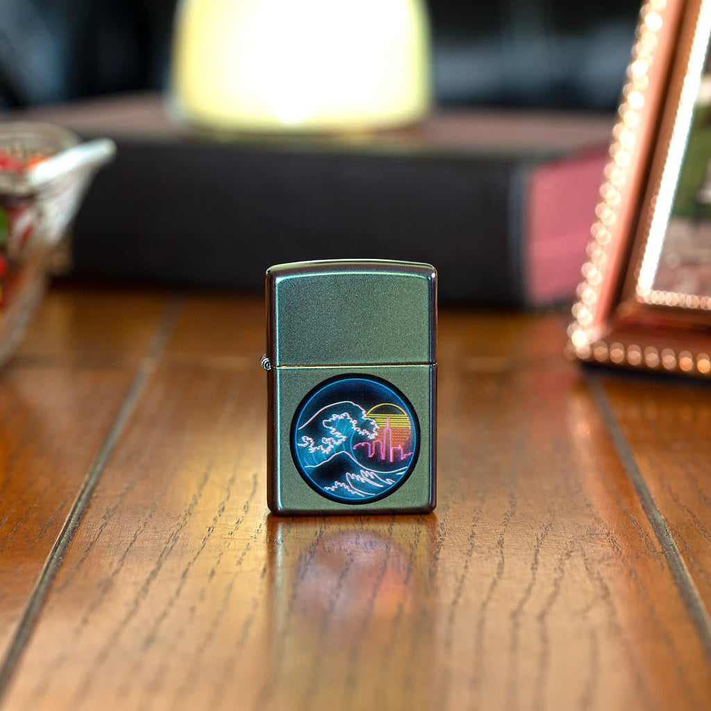 Lifestyle shot of Great Vaporwave Iridescent Windproof Lighter on a sides stand
