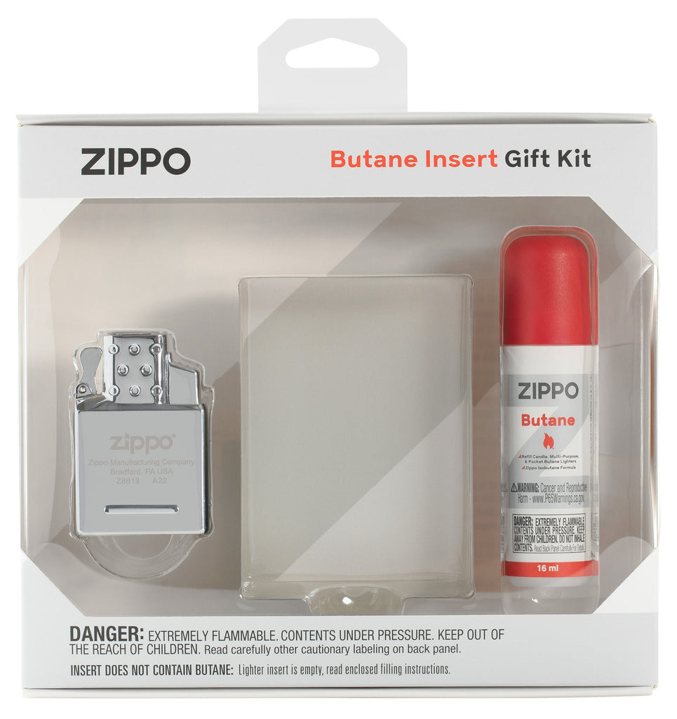 Front shot of Zippo Butane Insert Gift Set packaging.