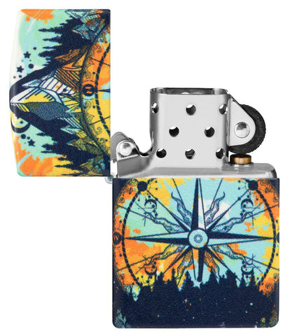 Compass Design 540 Color Glow In The Dark Windproof Lighter with its lid open and unlit.