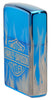 Harley-Davidson 360° Flames High Polish Blue Windproof Lighter standing at an angle, showing the front and right side of the lighter.