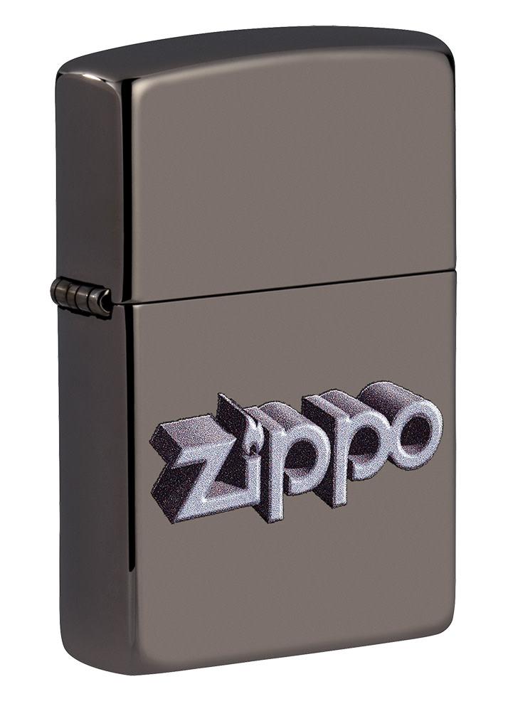Front shot of Zippo 3D Logo Design Black IceÂ® Windproof Lighter standing at a 3/4 angle
