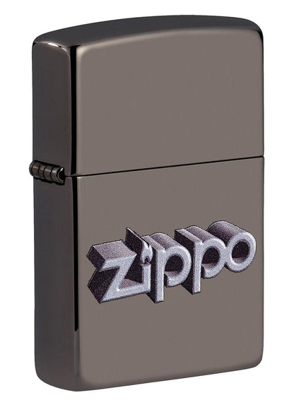 Front shot of Zippo 3D Logo Design Black IceÂ® Windproof Lighter standing at a 3/4 angle