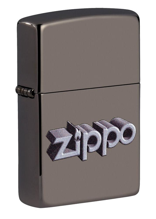 Front shot of Zippo 3D Logo Design Black IceÂ® Windproof Lighter standing at a 3/4 angle