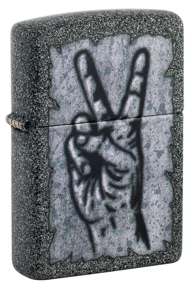 Front shot of Graffiti Peace Design Iron Stone Windproof Lighter standing at a 3/4 angle