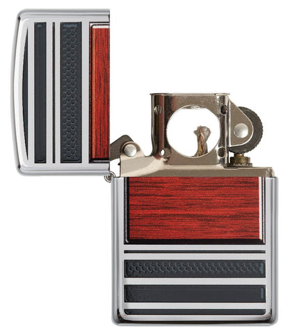 Pipe Wood Design High Polish Chrome Windproof Lighter with its lid open and unlit.