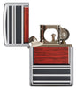 Pipe Wood Design High Polish Chrome Windproof Lighter with its lid open and unlit.