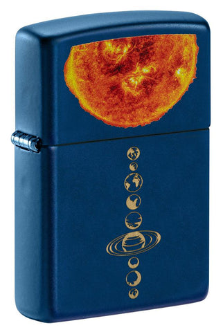 Front view of Solar System Design Navy Matte Windproof Lighter standing at a 3/4 angle.