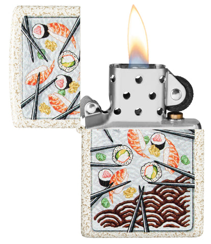 Sushi Design Mercury Glass Windproof Lighter with its lid open and lit.