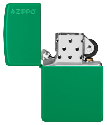 Zippo Grass Green Matte Zippo Logo Classic Windproof Lighter with its lid open and unlit.