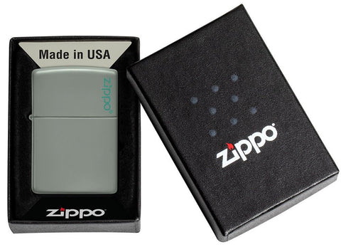 Classic Sage Zippo Logo Windproof Lighter in its packaging.