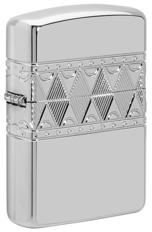 Front shot of Armor® Sterling Silver Diamond Pattern Design Windproof Lighter standing at a 3/4 angle