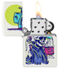 Zippo Wild West Skeleton Design White Matte Windproof Lighter with its lid open and lit.