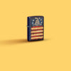 Glamour shot of Zippo Don't Tread On Me US Flag Navy Matte Windproof Lighter standing in a yellow scene.