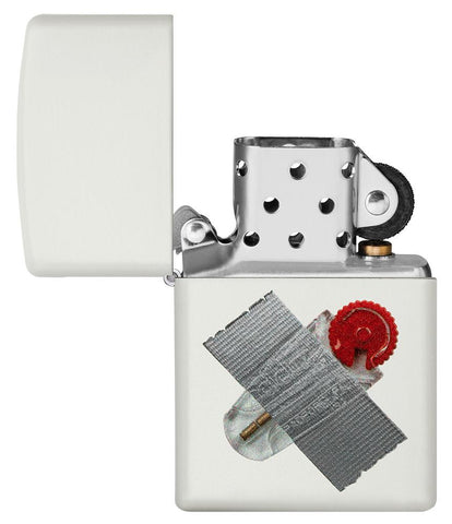 Taped Flint Dispenser Design White Matte Windproof Lighter with its lid open and unlit.