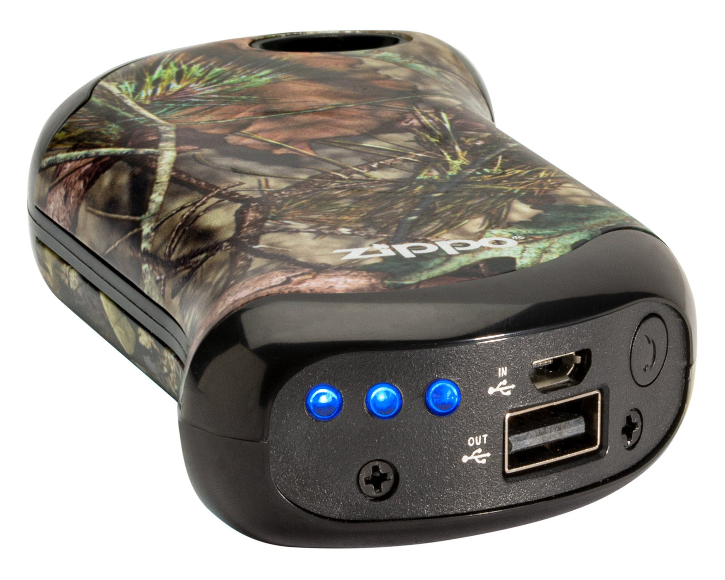 Mossy OakÂ® Break-Up CountryÂ® HeatBank 9s Rechargeable Hand Warmer laying down, showing the USB plug and power button.