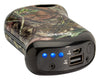 Mossy Oak® Break-Up Country® HeatBank 9s Rechargeable Hand Warmer laying down, showing the USB plug and power button.