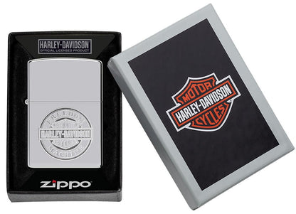 Harley-DavidsonÂ® Bar and Shield High Polish Chrome Windproof Lighter in its packaging.