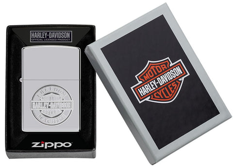 Harley-Davidson® Bar and Shield High Polish Chrome Windproof Lighter in its packaging.