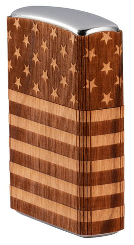 Angled shot of WOODCHUCK USA American Flag Wrap Windproof Lighter showing the front and right side of the lighter