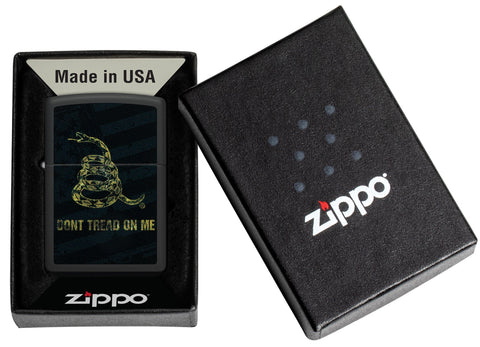 Zippo Don't Tread On Me Snake and Flag Black Matte Windproof Lighter in its packaging.