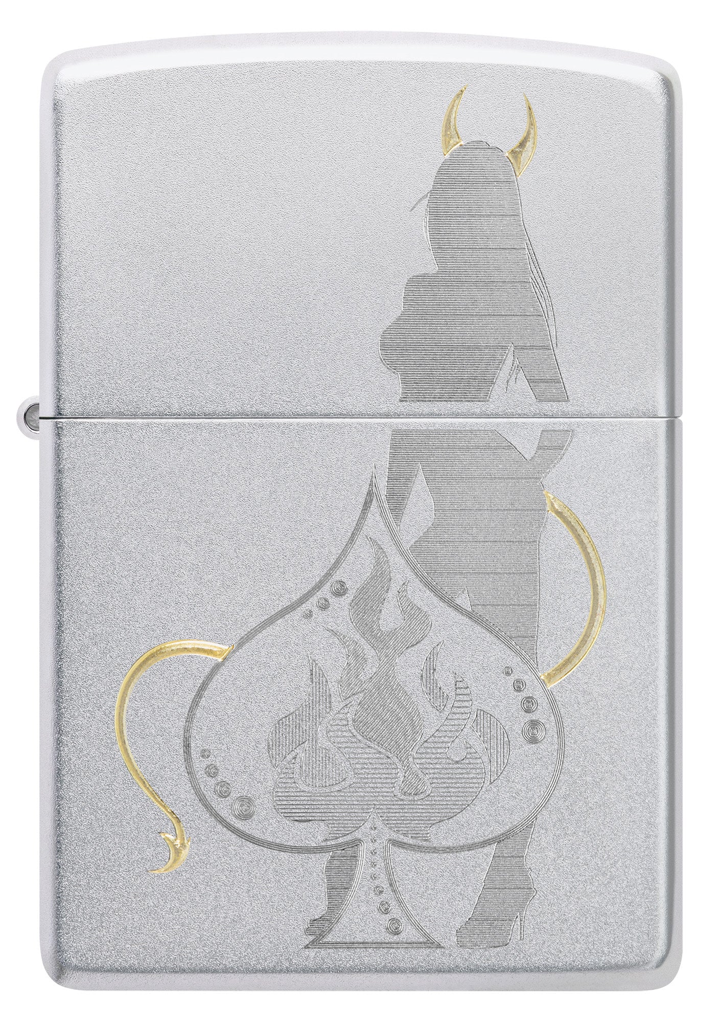 Front view of Zippo Devilish Ace Design Satin Chrome Windproof Lighter.