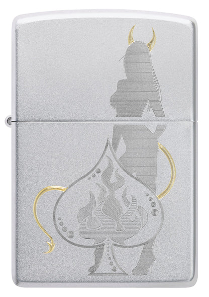 Front view of Zippo Devilish Ace Design Satin Chrome Windproof Lighter.