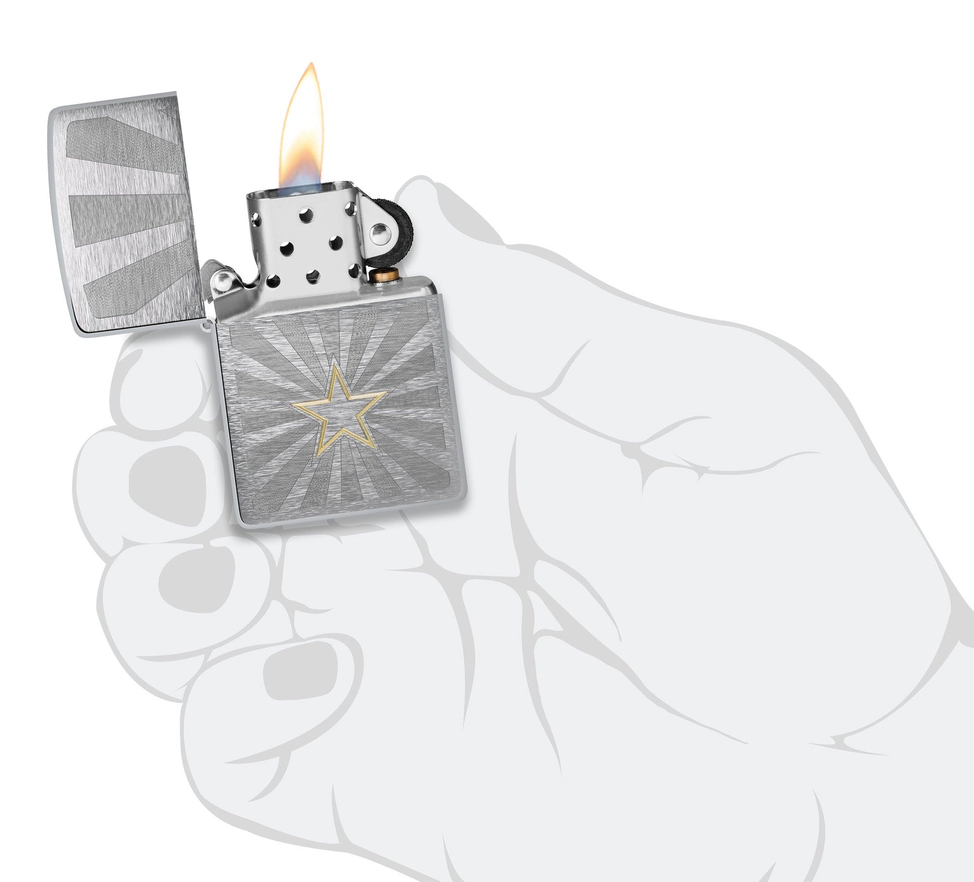 Zippo Star Design Brushed Chrome Windproof Lighter lit in hand.