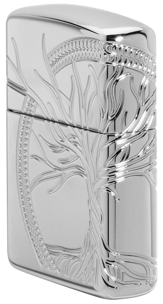 Angle view of ArmorÂ® High Polish Sterling Silver Tree of Life Windproof Lighter, showing the front and the right side of the lighter.