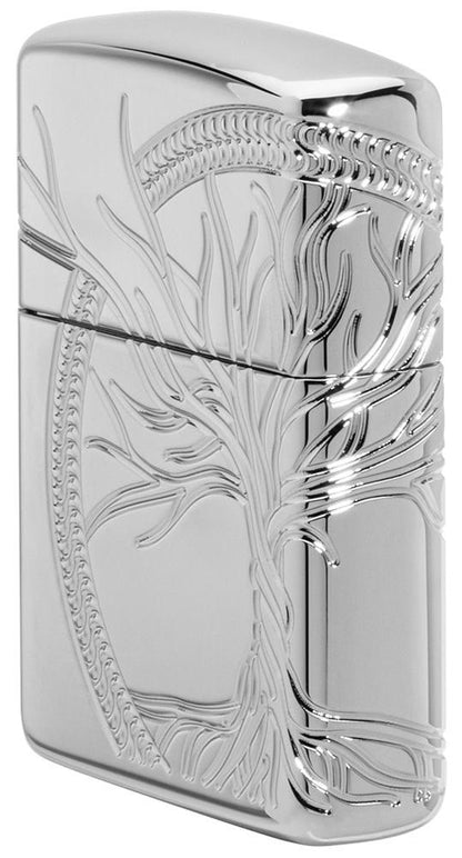 Angle view of ArmorÂ® High Polish Sterling Silver Tree of Life Windproof Lighter, showing the front and the right side of the lighter.