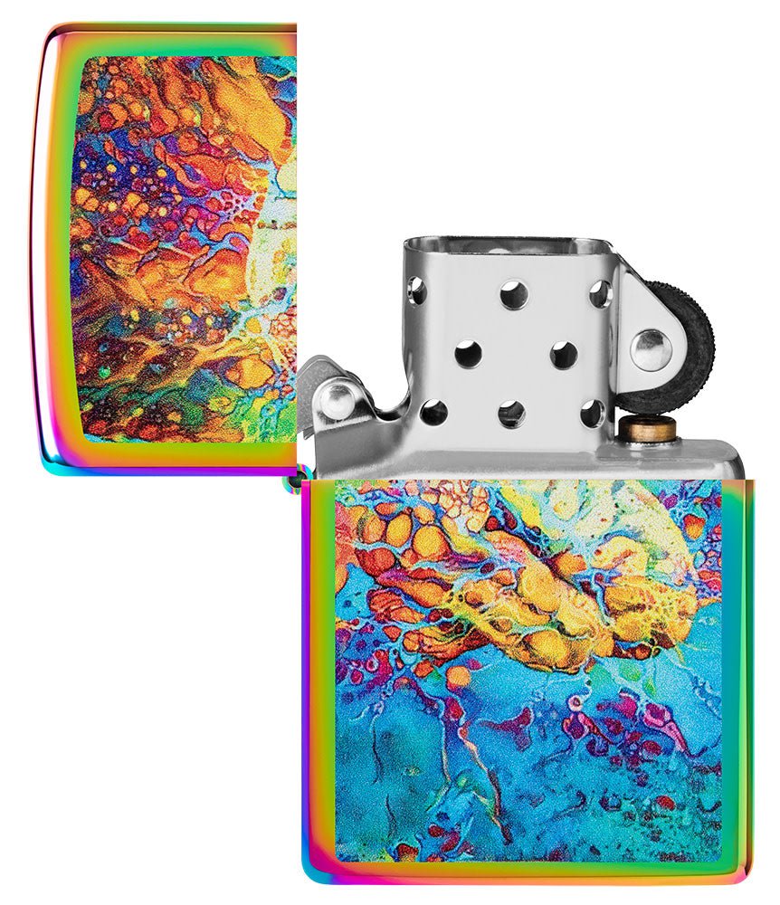 Psychedelic Brain Design Multi Color Windproof Lighter with its lid open and unlit.