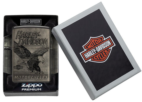 Harley-Davidson Eagle Photo Image 360° High Polish Black Windproof Lighter in its packaging.