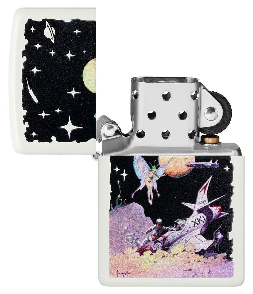 Frank Frazetta Fairy Spaceship White Matte Windproof Lighter with its lid open and unlit.