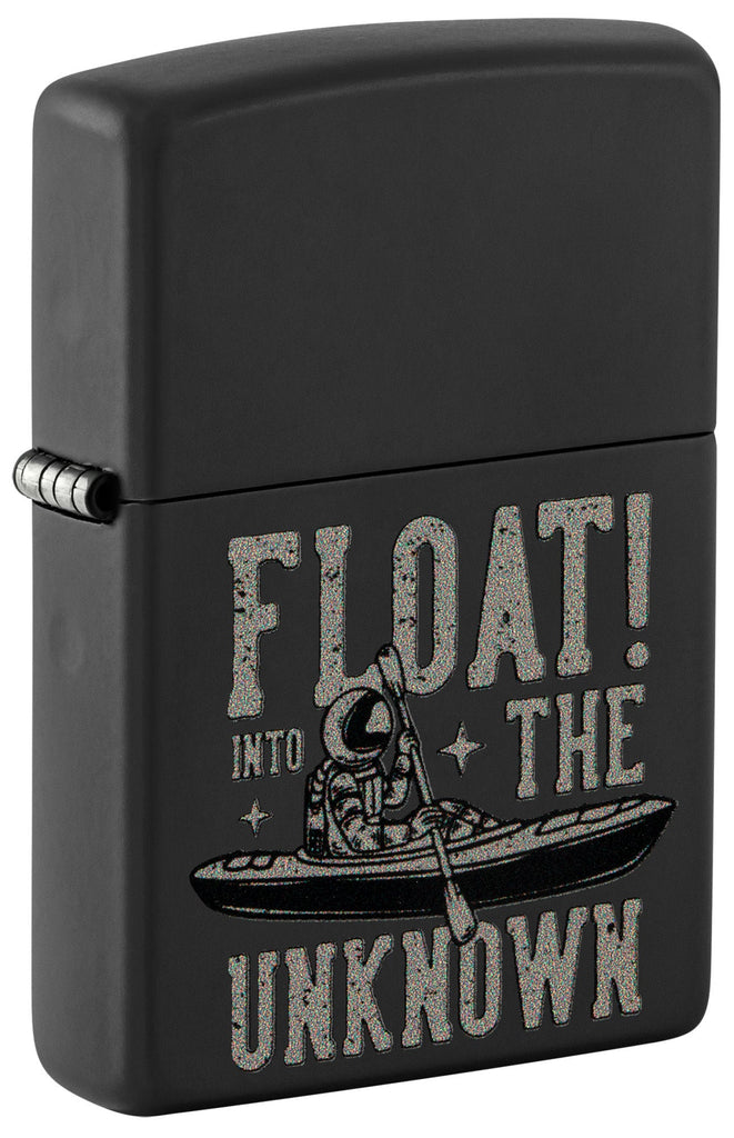 Front shot of Zippo Float into the Unknown Design Black Matte Windproof Lighter standing at a 3/4 angle.