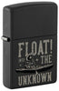 Front shot of Zippo Float into the Unknown Design Black Matte Windproof Lighter standing at a 3/4 angle.